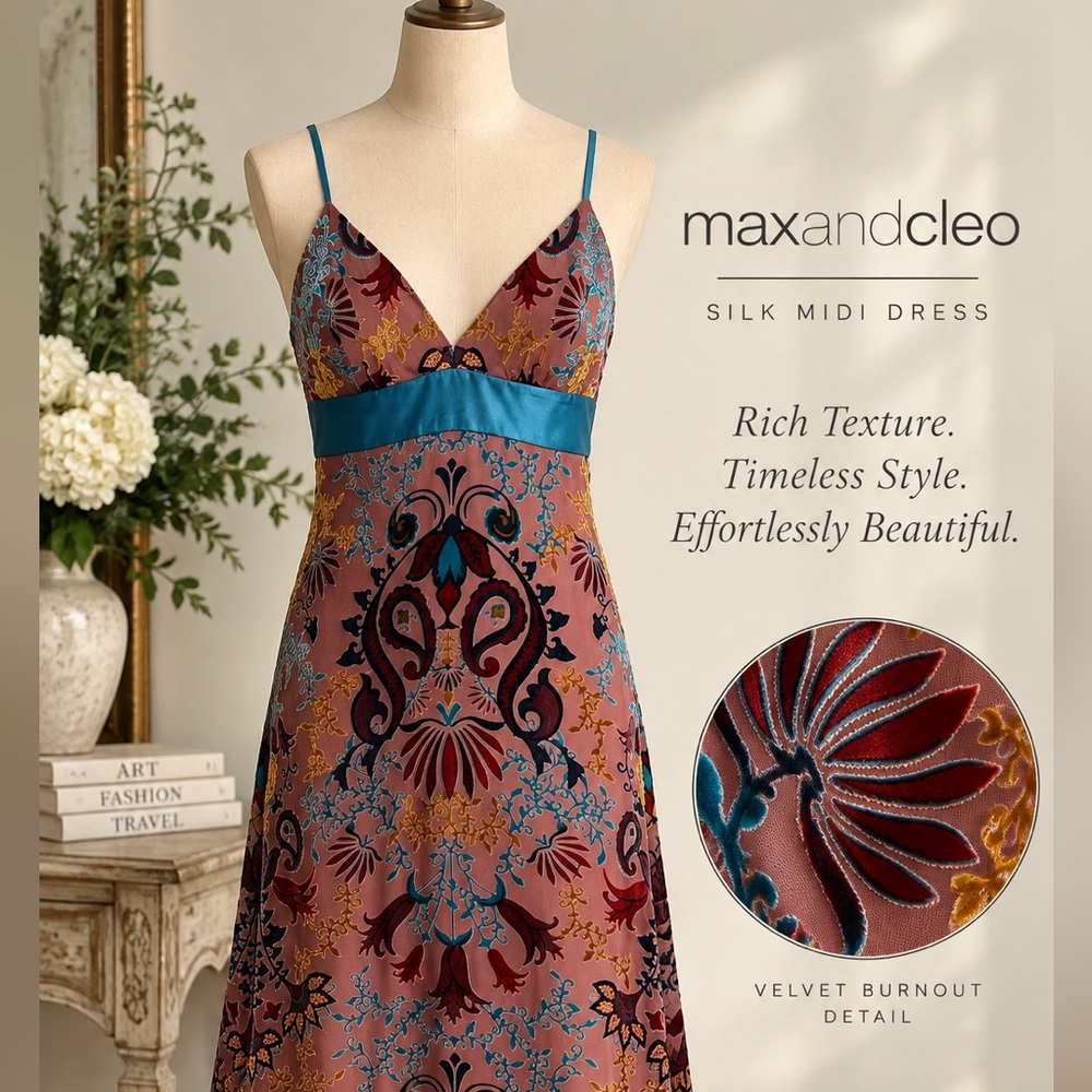 Max and Cleo Silk Velvet Burnout Midi Dress 4 Y2K Boho Paisley Teal